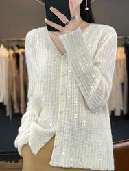 New Spring and Autumn Pure Wool Cardigan Women's V-Neck Sequin All-Match Sweater Coat Loose Pearl Buckle Knitted Top