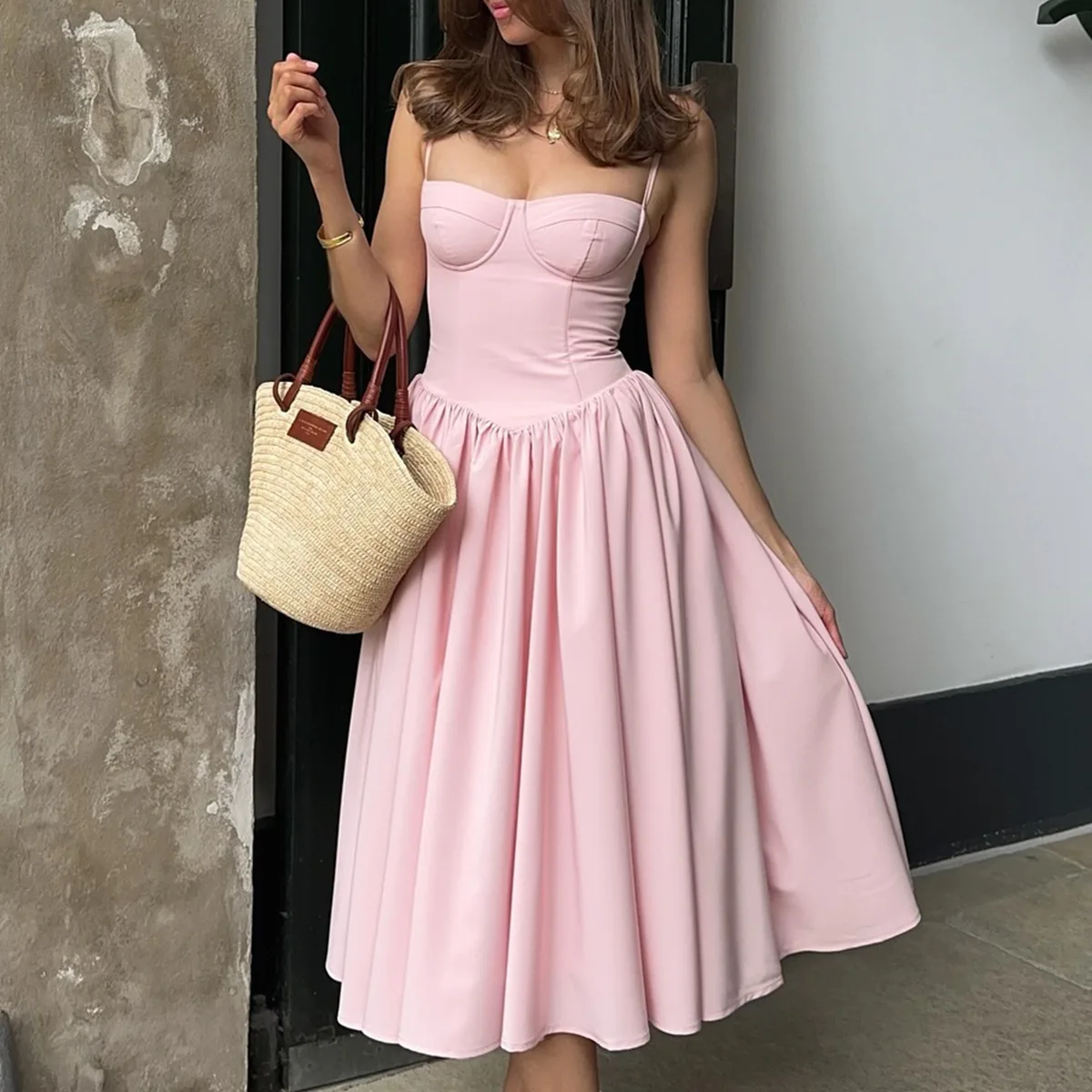 Robe Midi Rétro à Bretelles, Coupe Cintrée, Bustier à la Taille, Patchwork, Grande Balançoire, Capri pour Invités de Mariage