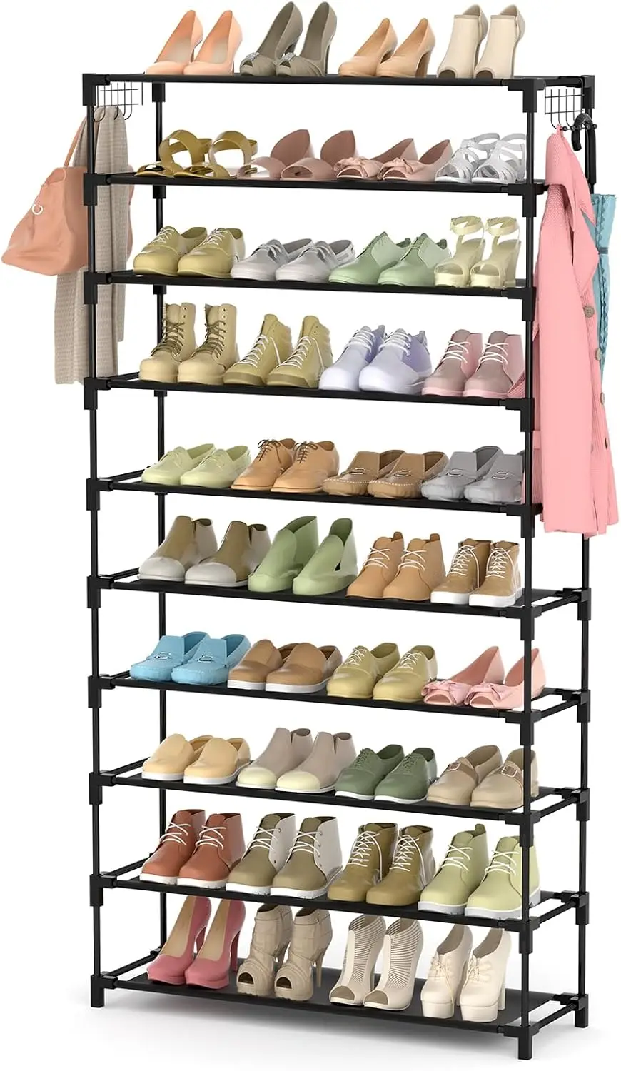 10 Tier Shoe Rack for Closet, 40 Pairs Large Capacity Tall Shoe Organizer with Hooks, Sturdy Metal Frame Space Saving Storage