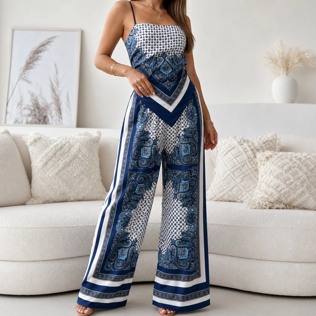 Women's Sleeveless Distressed Wrinkle-Free 3D Print Pants Set – Elegant Sexy Two Piece Matching Set for Women Summer Outfit