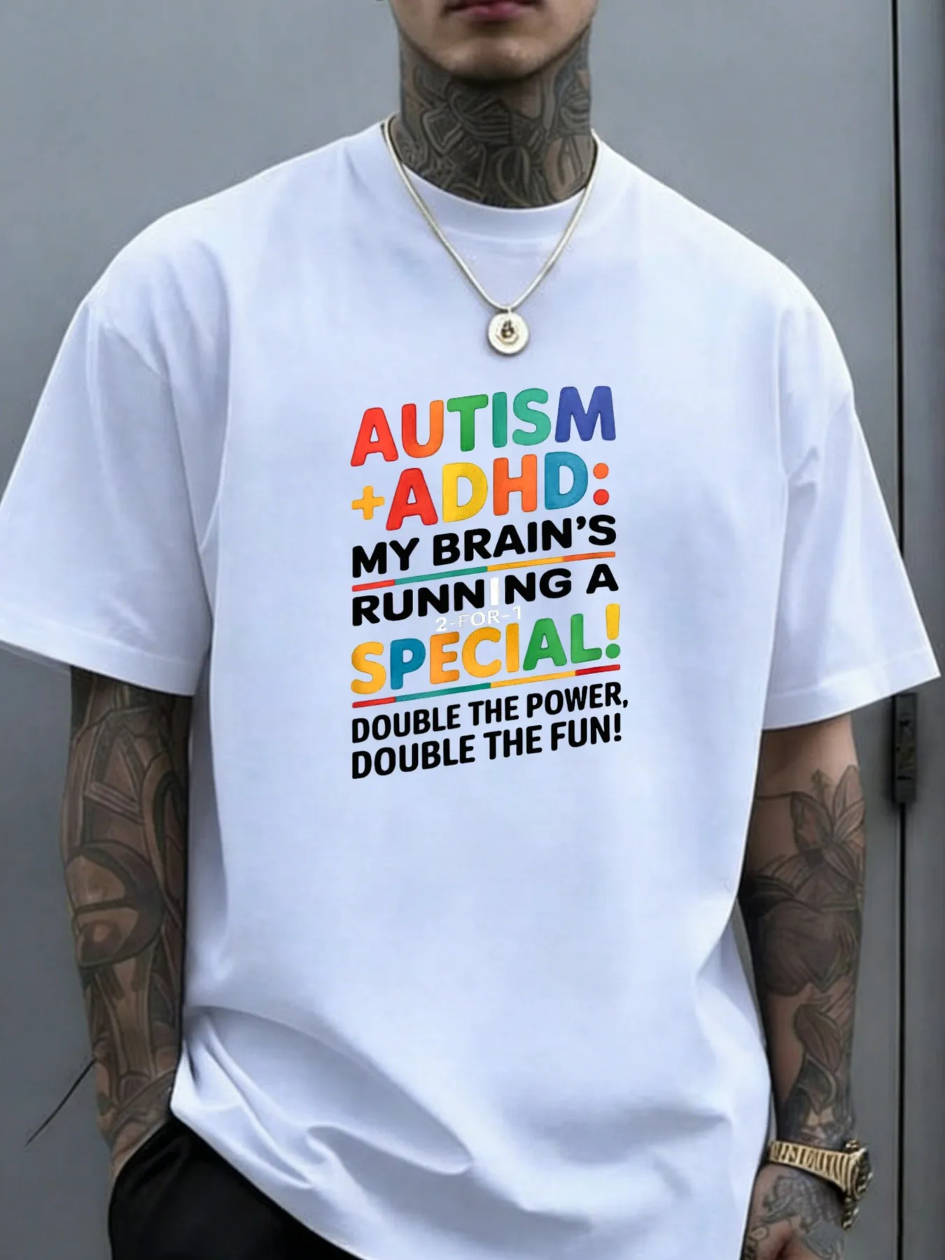 1pc Mens Graphic T Shirt Autism and ADHD My Brain's Running A 2 for 1 Special Double The Power Double The Fun Short Sleeve Crew Neck