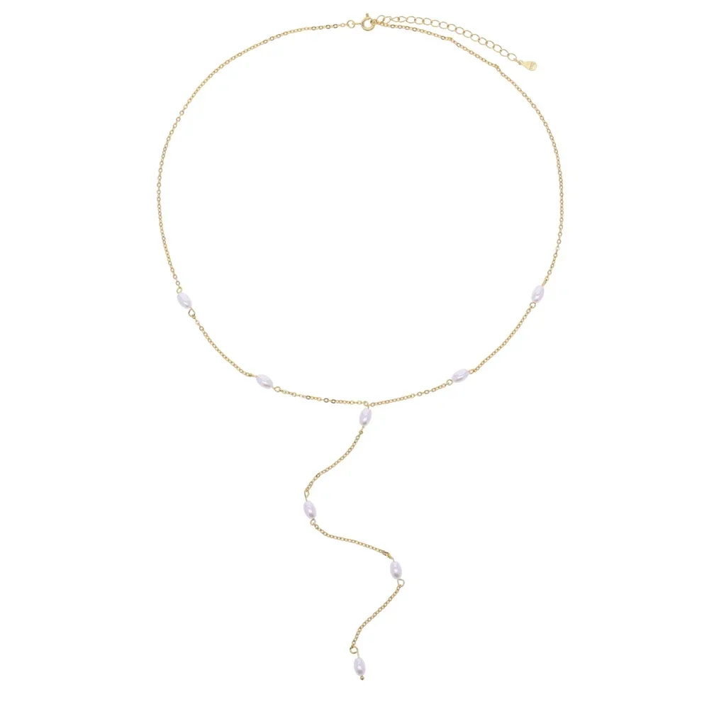 

2025 New 925 Sterling Silver Women Pearl Paved Long Chain Drop Pendant Y Shaped Necklaces Fashion Gifts