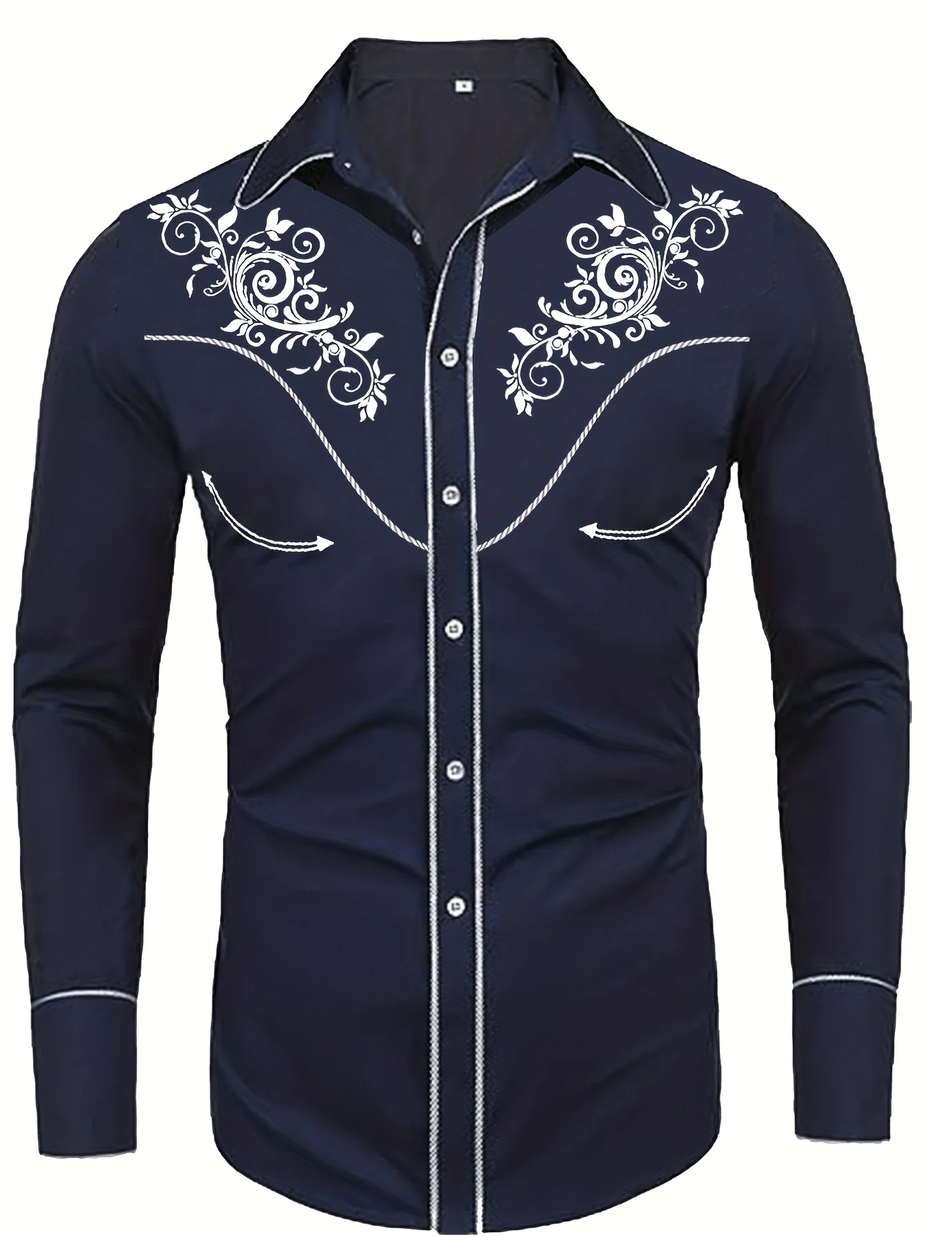 Western Cowboy Style Men's Embroidered Casual Long Sleeve Button Down Shirt, Spring and Autumn