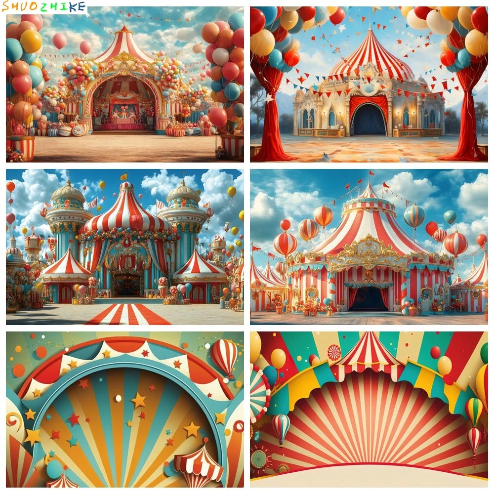

Circus Theme Party Decor Backdrop Tent Balloons Newborn Baby Kids Birthday Party Clown Show Photography Background Photo Studio