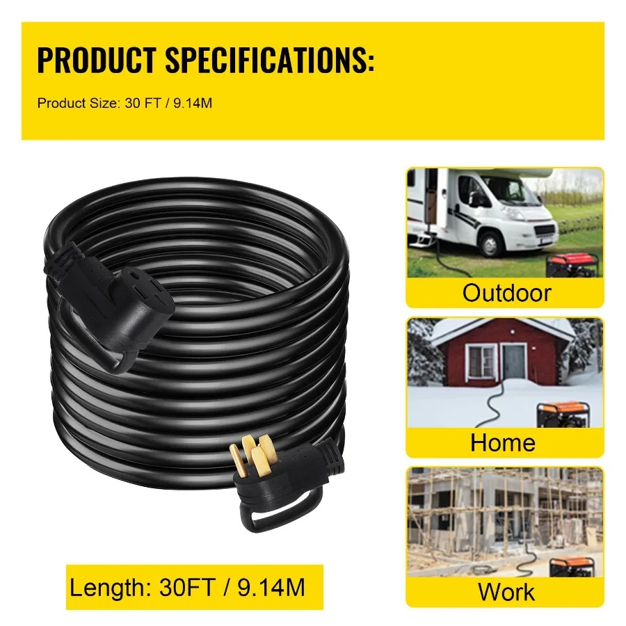 

Heavy Duty 30 ft 50 Amp RV Extension Cord Power Supply Cable w/Molded ConnectorHandles 125/ 250V in Black with Durable PVC Jack
