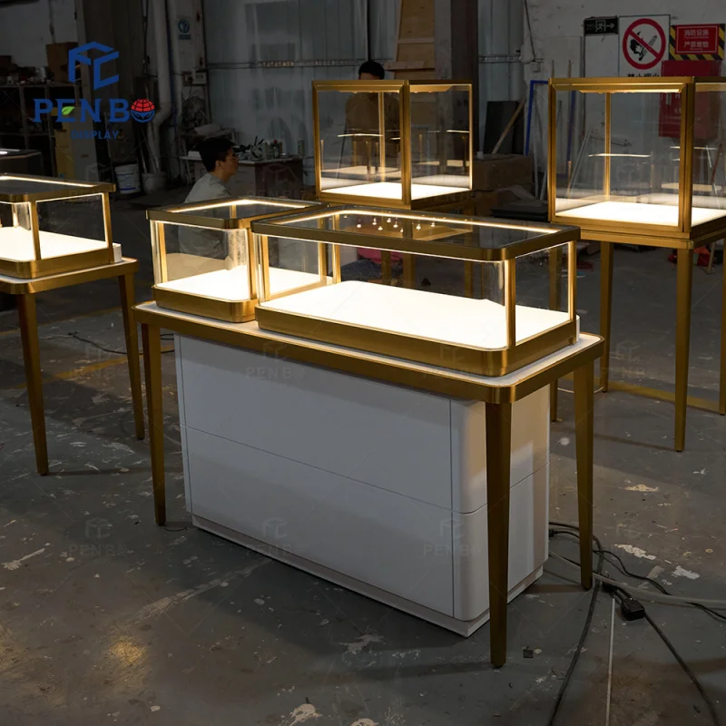 2025customized. luxury jewelry showcases glass counter jewellery display cabinet wood jewelry display showcase cabinet with LED