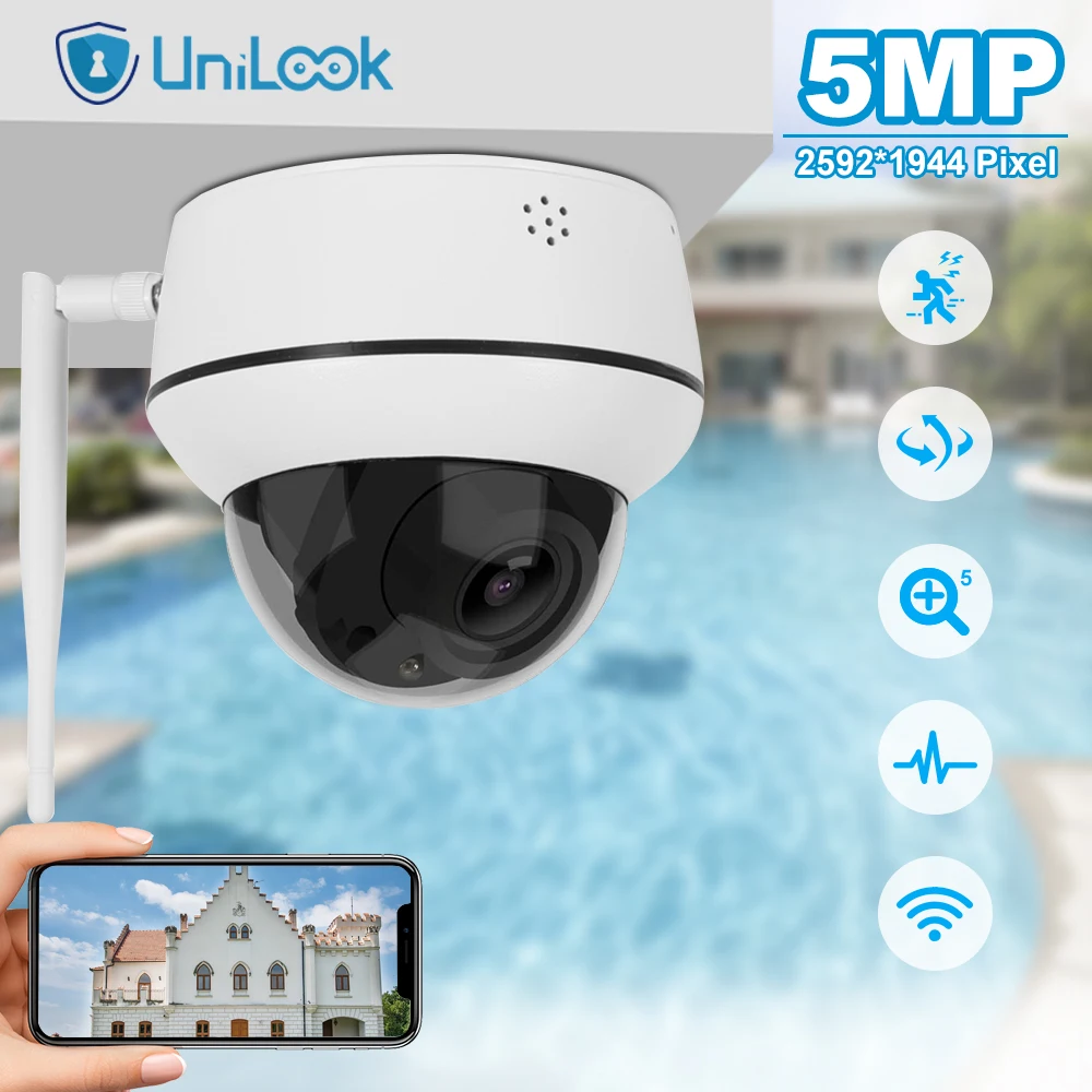 UniLook 5MP PTZ Wireless IP Camera Outdoor Support 5X Zoom Two Way Audio 2.7-13.5mm Lens Wifi PTZ Dome Camera P2P View CamHi