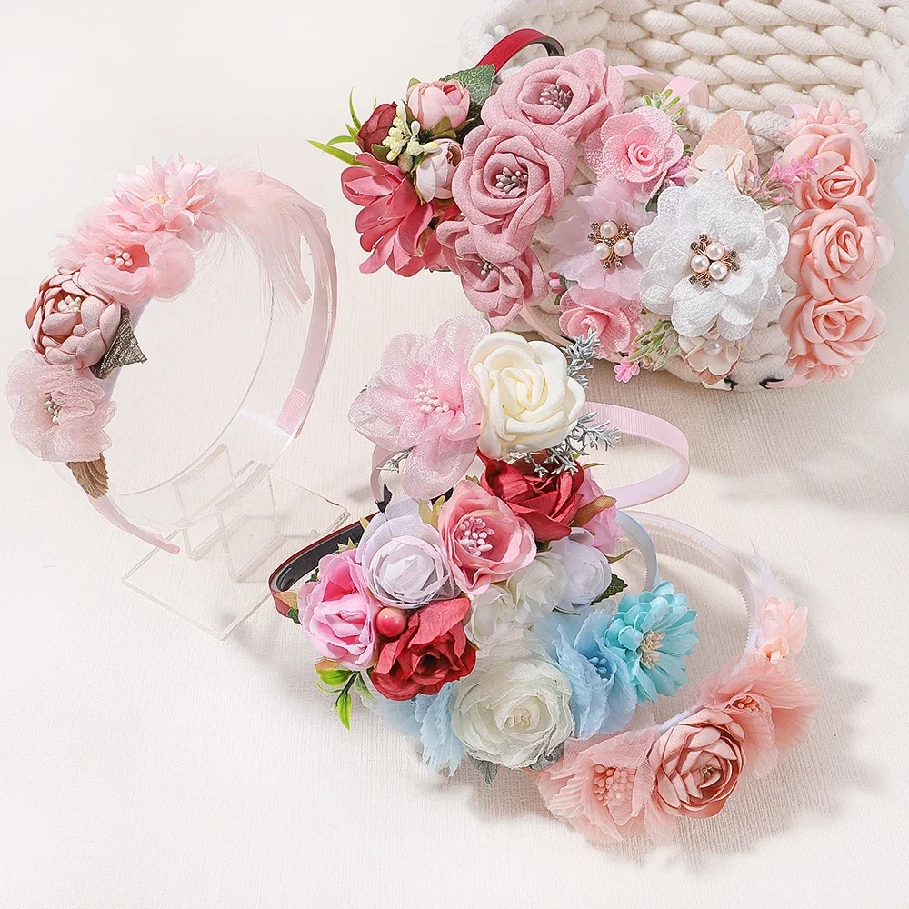 Diadema de flores con aro para el pelo para niña, accesorios decorativos para el cabello con perlas para vestido de novia, 1 unidad