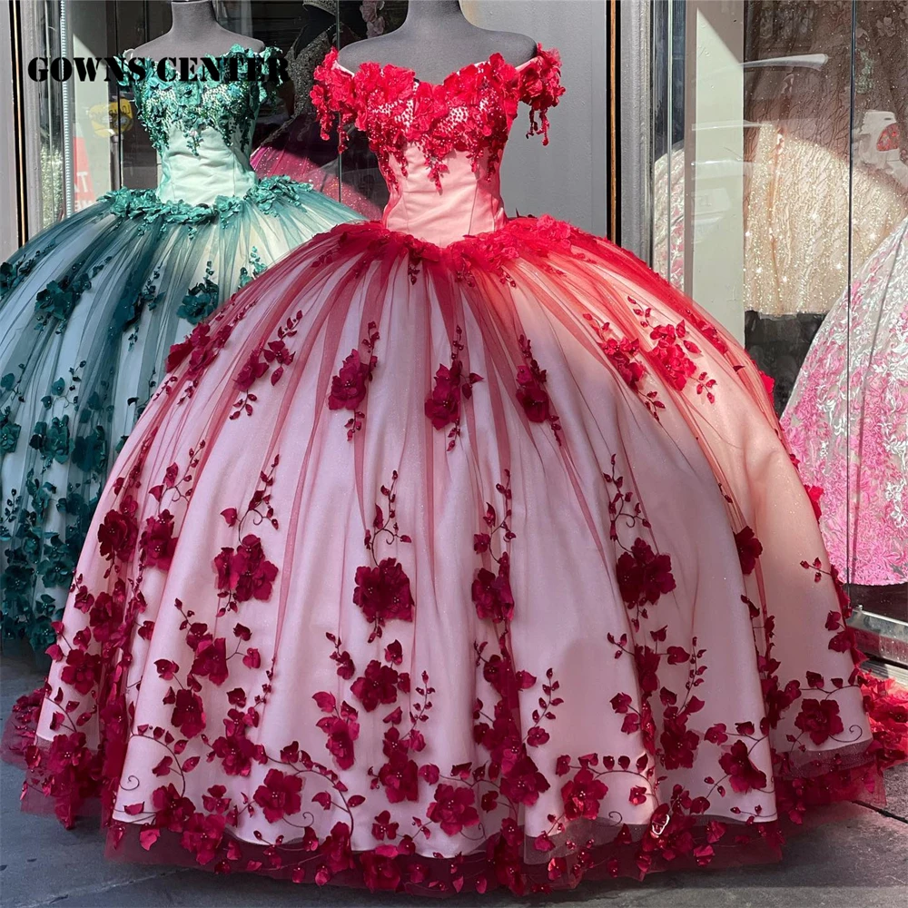 Vestidos Rojos de quinceañera con hombros descubiertos, flores en 3D, dulces 16 vestidos de baile, vestidos de cumpleaños Vintage con cuentas