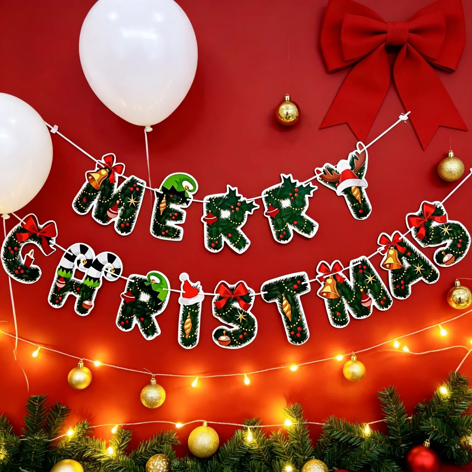 Christmas Banner Set Santa Claus Multicolor Paper Pull Flag Xmas Letter Banner, Party Supplies Wall Decor, Photo Backdrop Banner