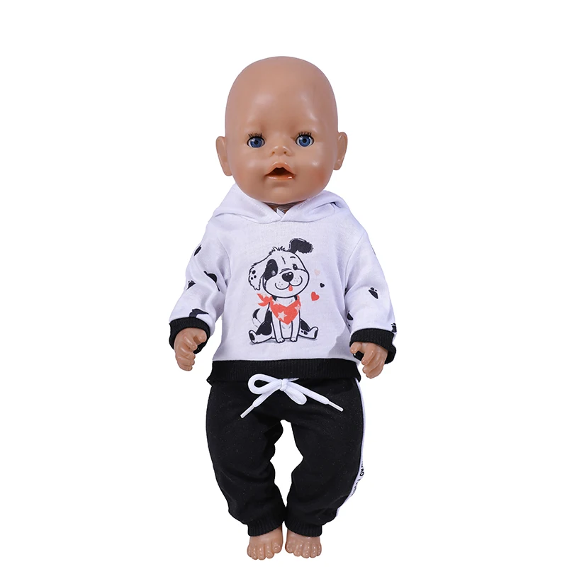 Ropa de muñeca de 17 pulgadas, sudaderas con capucha de perro de dibujos animados, pantalones de 43cm, ropa de bebé recién nacido, traje deportivo,