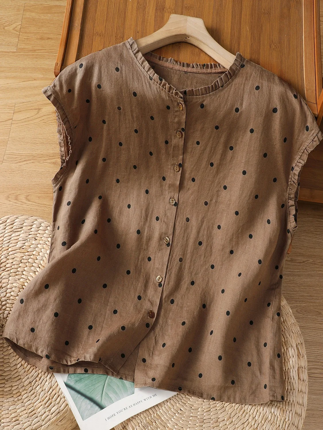 Csa Sem Mangas de Aodão e Linho com Estampa de Poá Retro para Mulheres, Csa de Verão de Alta Qualidade com Gola Earlet