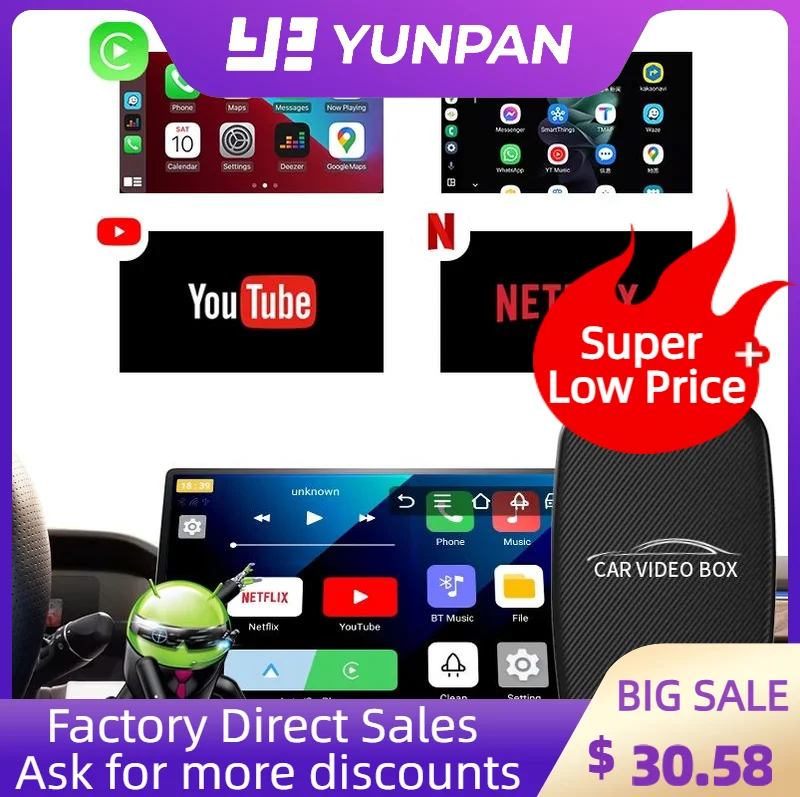 YunPan Carplay Tv Box Wireless Android Auto Quad-core 3+32g Ai Box Android 10 Wireless 3 In 1 Adapter For Iptv