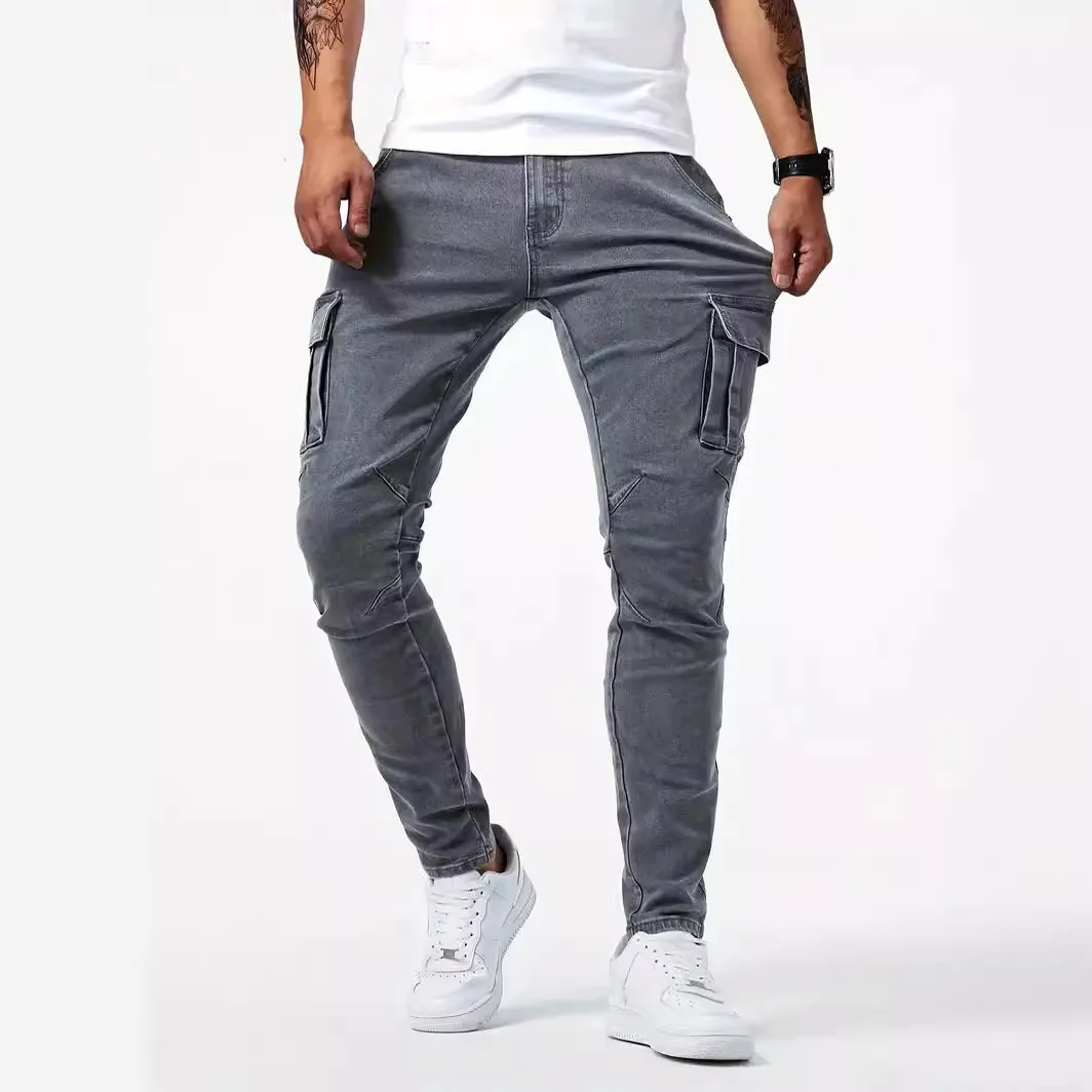 Lavage couleur unie Multi poches décontracté taille moyenne pantalon mince usage quotidien Joggers 2025 rue élastique jean hommes Denim Cargo pantalon