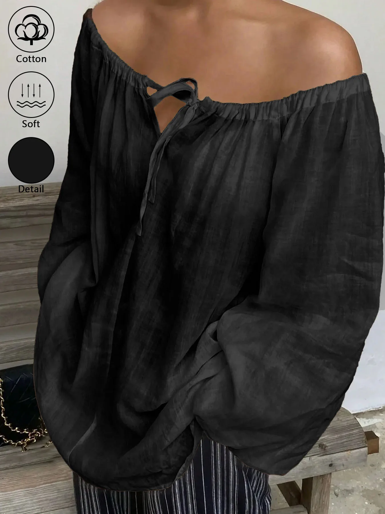 Damen-Bluse aus 100% Baumwolle mit schulterfreiem Design, Laternenärmeln, verstellbarem Bindekragen und elastischem Design. – Detail 10