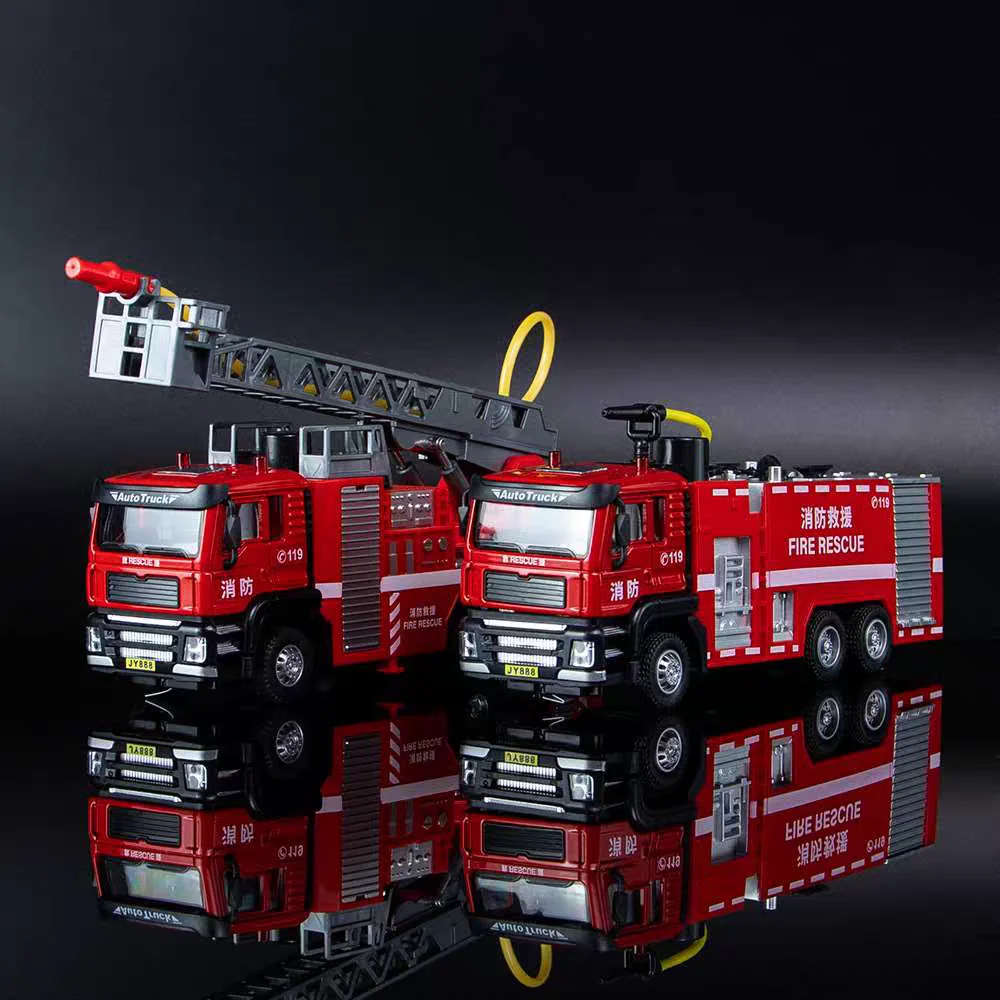 City Rescue Truck Ladder Fire Engine Simulation Diecast & Toy Vehicles Sounds & Light Pull Back Car 1:50 Alloy Collection Model
