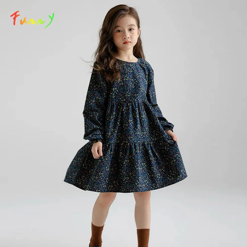 Girls Floral Dress Cotton Long Sleeve Pleated Casual Swing Dresses A-Line Knee Length Vestidos for Kids 4-16 Years