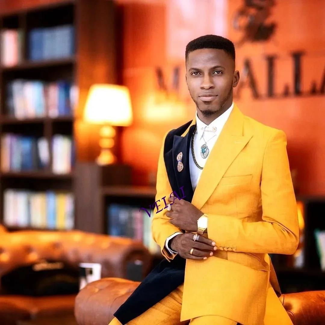 

Yellow And Black Wedding Tuxedos Slim Fit Mens Suits 2 Pieces Sets Peaked Lapel Blazers One Button Formal Suit With Jacket And