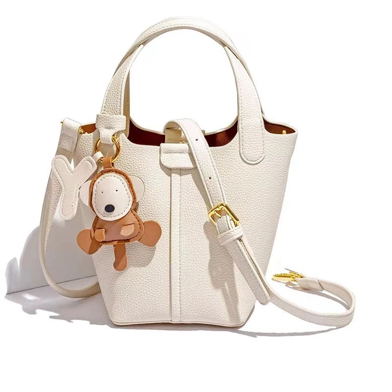 Basket Bucket Bag Pebbled Leather with Animal Charm Women's Daily Commuter Crossbody Purse