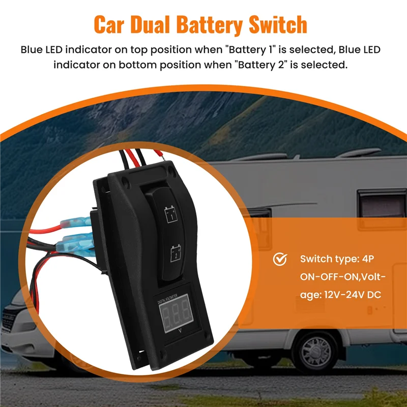 A21F-12-24V LED Dual Battery Test Panel Rocker Switch Car Truck Marine Boat Voltmeter 4P ON-OFF-ON