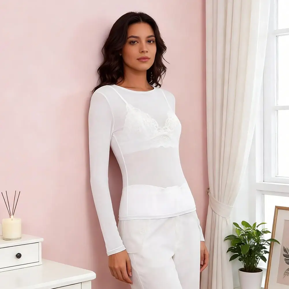 

Breathable Lace Tops Sexy Lace Embroidery Pullover Top See-through Mesh Long Sleeve Shirt Versatile Round Neck Flower Pattern
