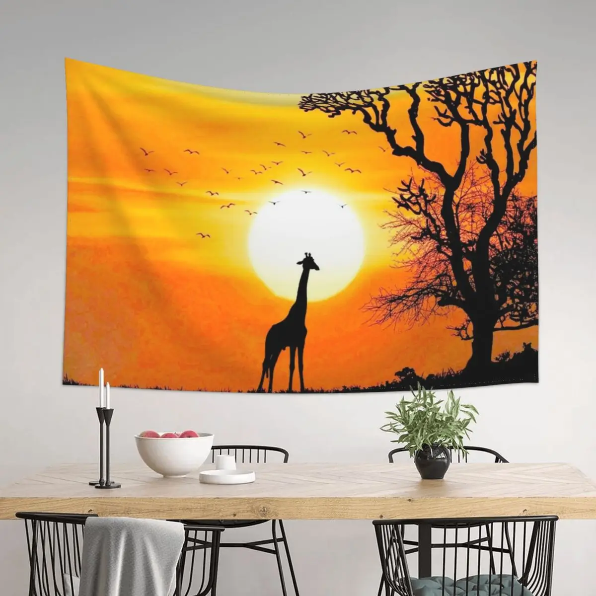 

Vibrant Orange Sunset with Giraffe Silhouette and Savannah Tree Tapestry Funny Things To The Room Room Decore Aesthetic Tapestry