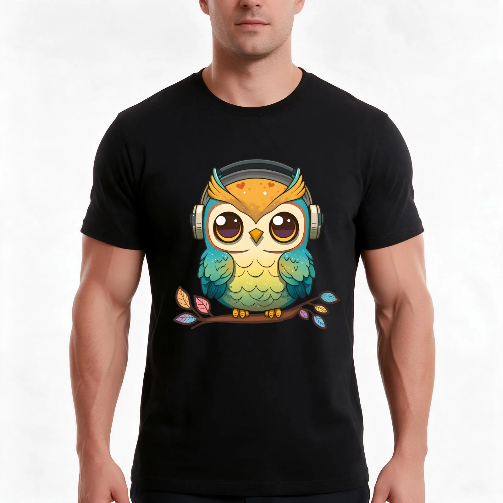 Musical Owl Perched on a Colorful Tree T-Shirt, Summer Casual Cotton Tee, Oversized Streetwear Tops, Vintage Graphic Print