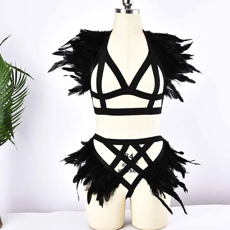 

Women Black Feather Crop Top Cage Punk Goth Bondage Harness Bra Burning Man Feather Sexy Lingerie Adjustable Body Harness Belt