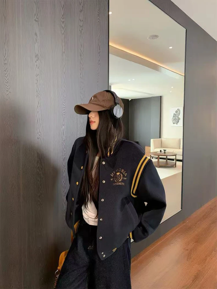 

Striped Splicing Baseball Jacket Women Y2K Spring Loose Streetwear Embroidery Bomber Coats Bf Korean Preppy All Match Outerwear