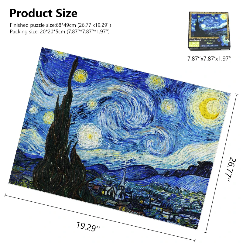 MaxRenard-Puzzle de 1000 Pièces, 68x49cm, Van Gogh, La Nuit Étoilée, Papier à Assembler, Peinture, Art, Jouets pour Adultes