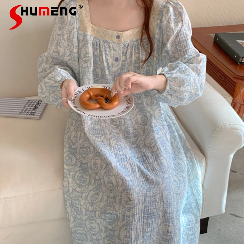 

Spring Autumn New Nightdress for Women Cotton Gauze Vintage High End Sleepshirts Female Japanese-style Loose Home Sleepwear