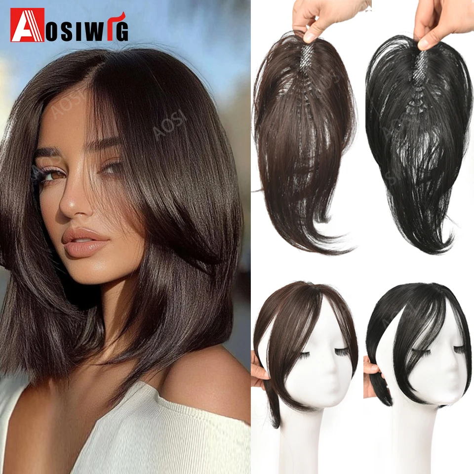 10inch Synthetic Short Straight Hair Topper With Bangs Invisible 3D Hair Toupee For Women Balding Hair-loss High Hair Line Clip-