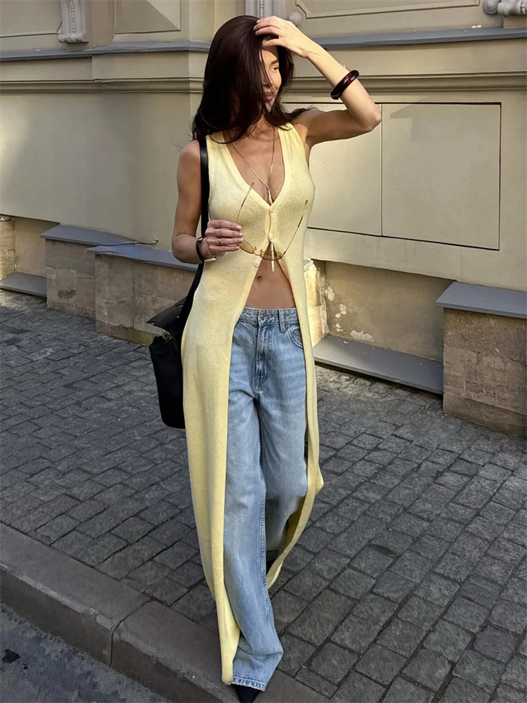 

Trendix Fashion Cover Up Dress For Women Summer V Neck Sleeveless Fashion Slit Maxi Dresses High Street Elegant Casual Cardigan