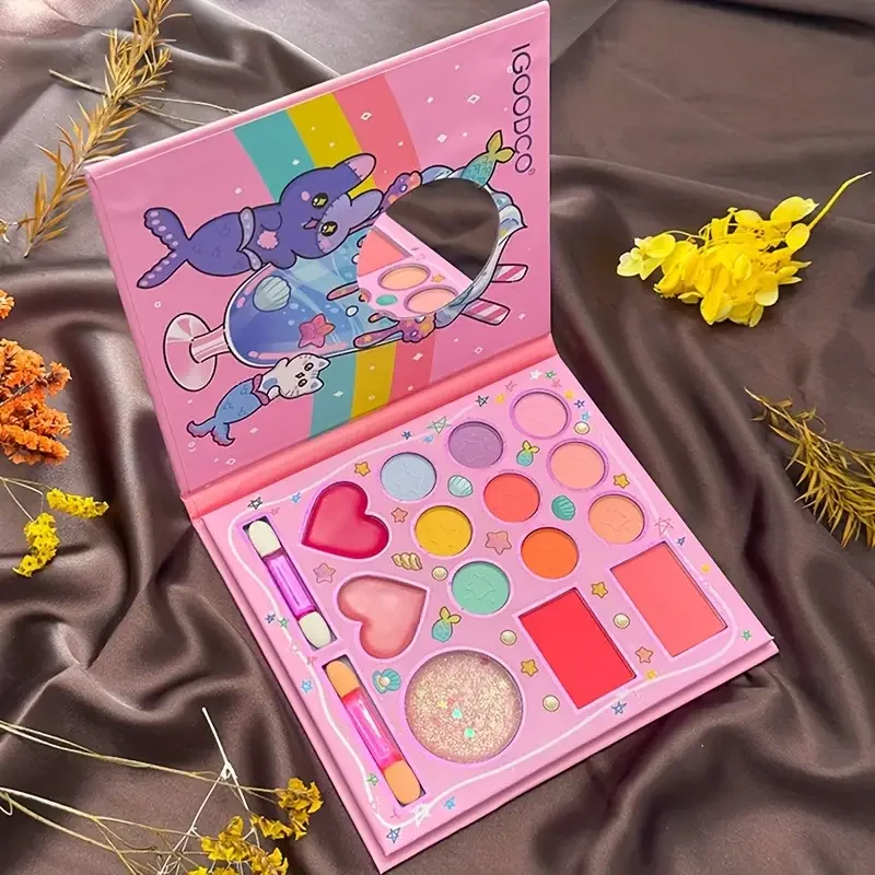 Paleta de maquiagem de desenho animado de 14 cores, sombra com glitter rosa, lantejoulas foscas e brilho fino, para maquiagem diária feminina, festas de fim de ano