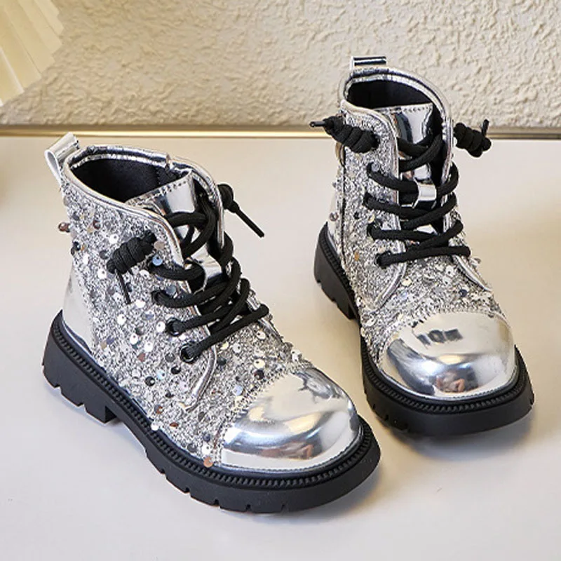 Girls Princess Boots Autumn Toddler Kids Fashion Brand Middle Calf Boots Children High Top Shoeslace Glitter Shoes Soft Sole