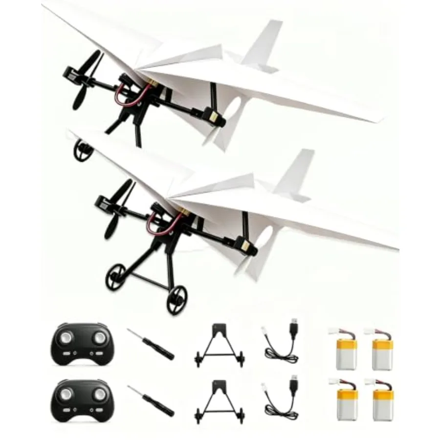 STEM toy for kids, teens and adults: DIY RC paper airplane kit with gyro stabilizer, electric remote control, foldable fixed wi