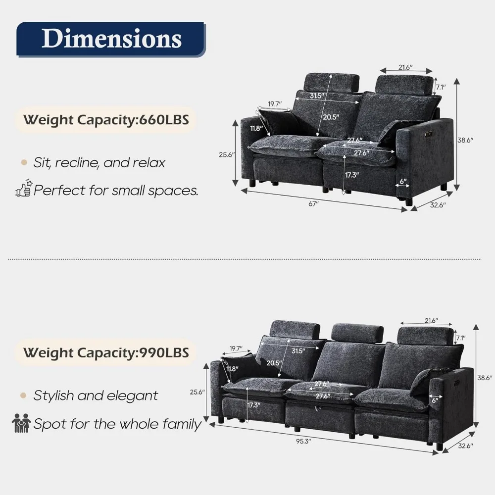 Chenille Electric Reclining Sofa, Oversized 3-Seater Cloud Couch with Headrest, Pillows, Modern Power Recliner Sofa with Storage