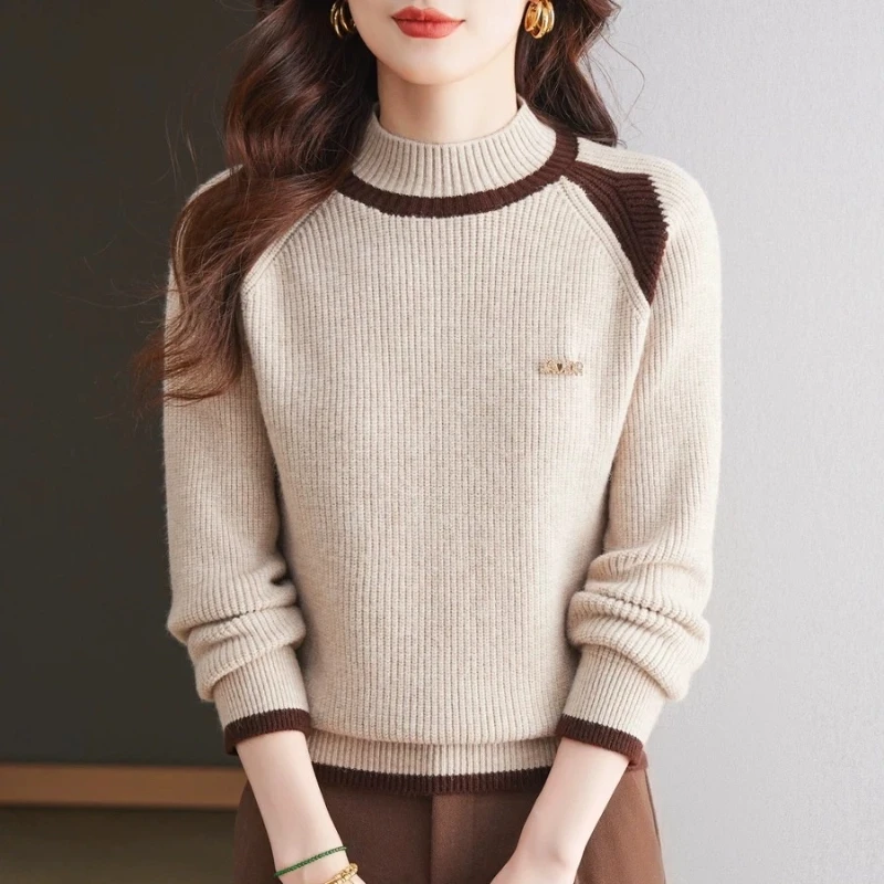 

Half Tutrleneck Women's Knitted Tops 2025 Autumn Winter Red Patchwork Color Thick Lady Sweater Long Sleeve Female Jumpers KE7602