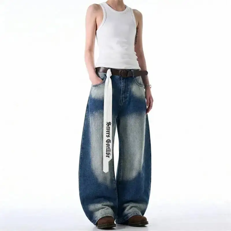 Color Y2K Men's Block Jeans Ribbon Tie Wide Leg Baggy Faded Wash Streetwear Casual Letter Printting Denim Pants MQOG