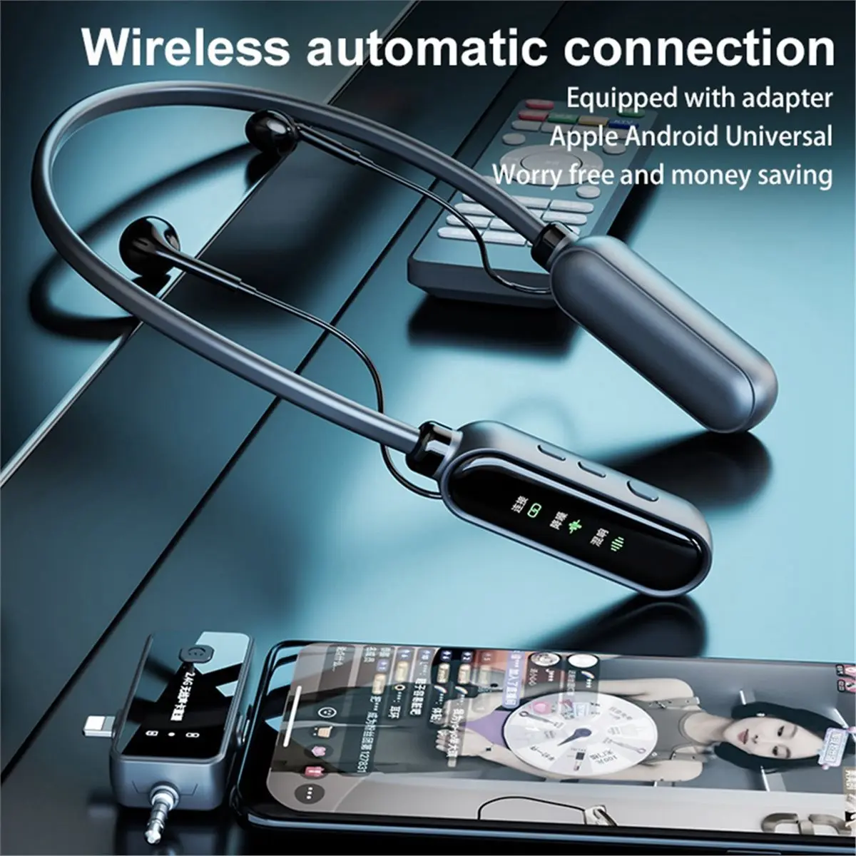 Auriculares inalámbricos con banda para el cuello y tarjeta de sonido para transmisión en vivo con micrófono, cancelación de ruido y seguimiento de respaldo