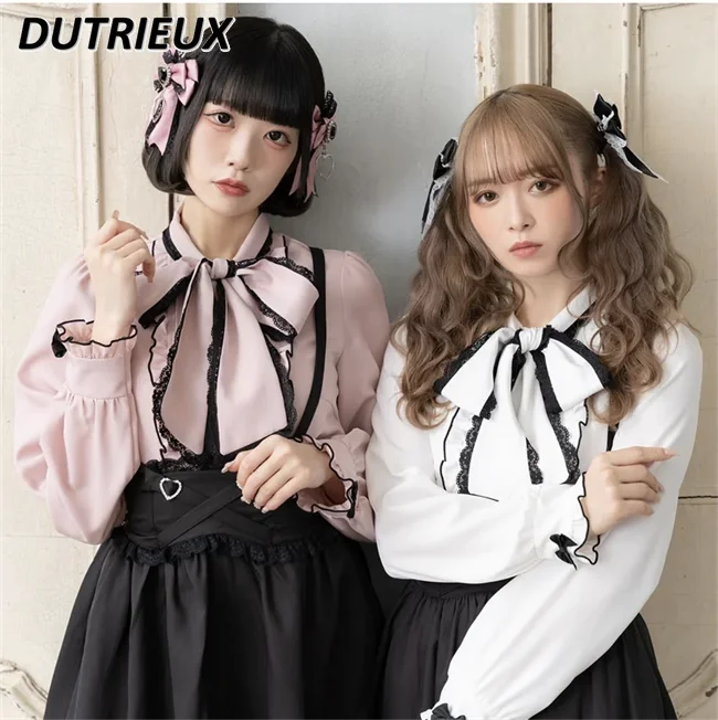 

Japanese Lolita Style Versatile Sweet Casual Shirt Big Bow Lace Edge Solid Color Bottoming Shirts Long Sleeve Tops for Women