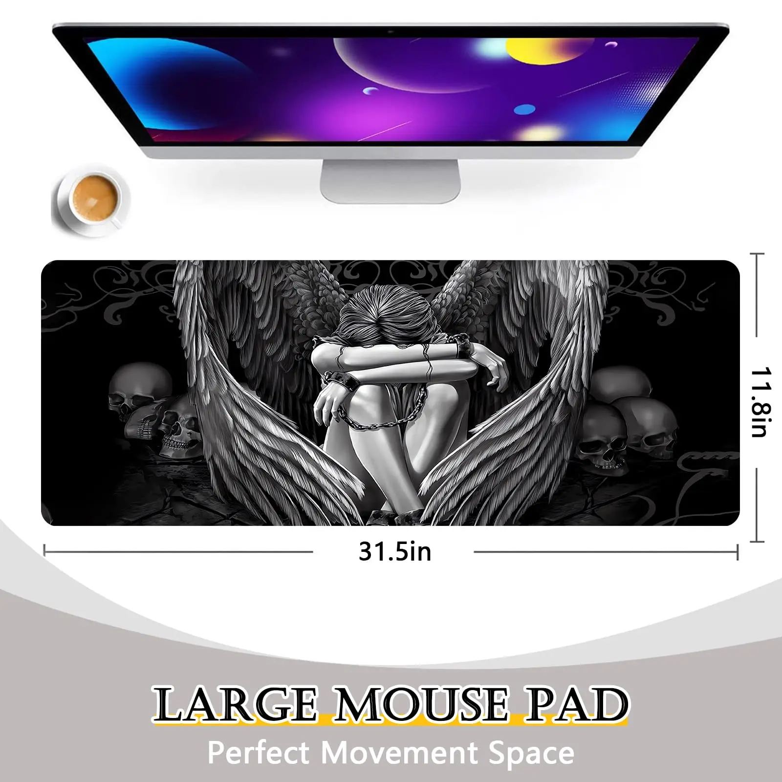 Large Mousepad Gaming Mouse Pad Gothic Angel & Skull for Office & Gamers Smooth Surface Non-Slip Waterproof XL Long Desk Mat