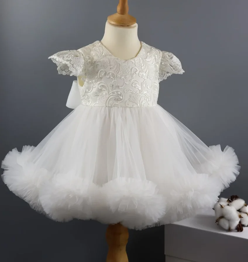 

New Custom Flower Girl Dresses Layers Tulle Puffy Baby Girls First Birthday Party Gowns with Bow Kid Size 1-10T