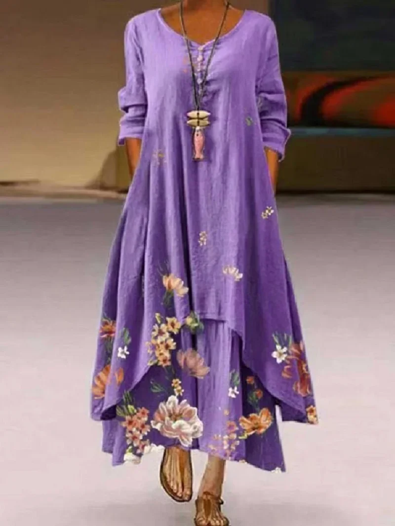 Damenmode-Trend 2026 Bedrucktes Langarm-Kleid mit Unregelmäßigem Saum Maxikleid Elegante Lässige Damenkleidung