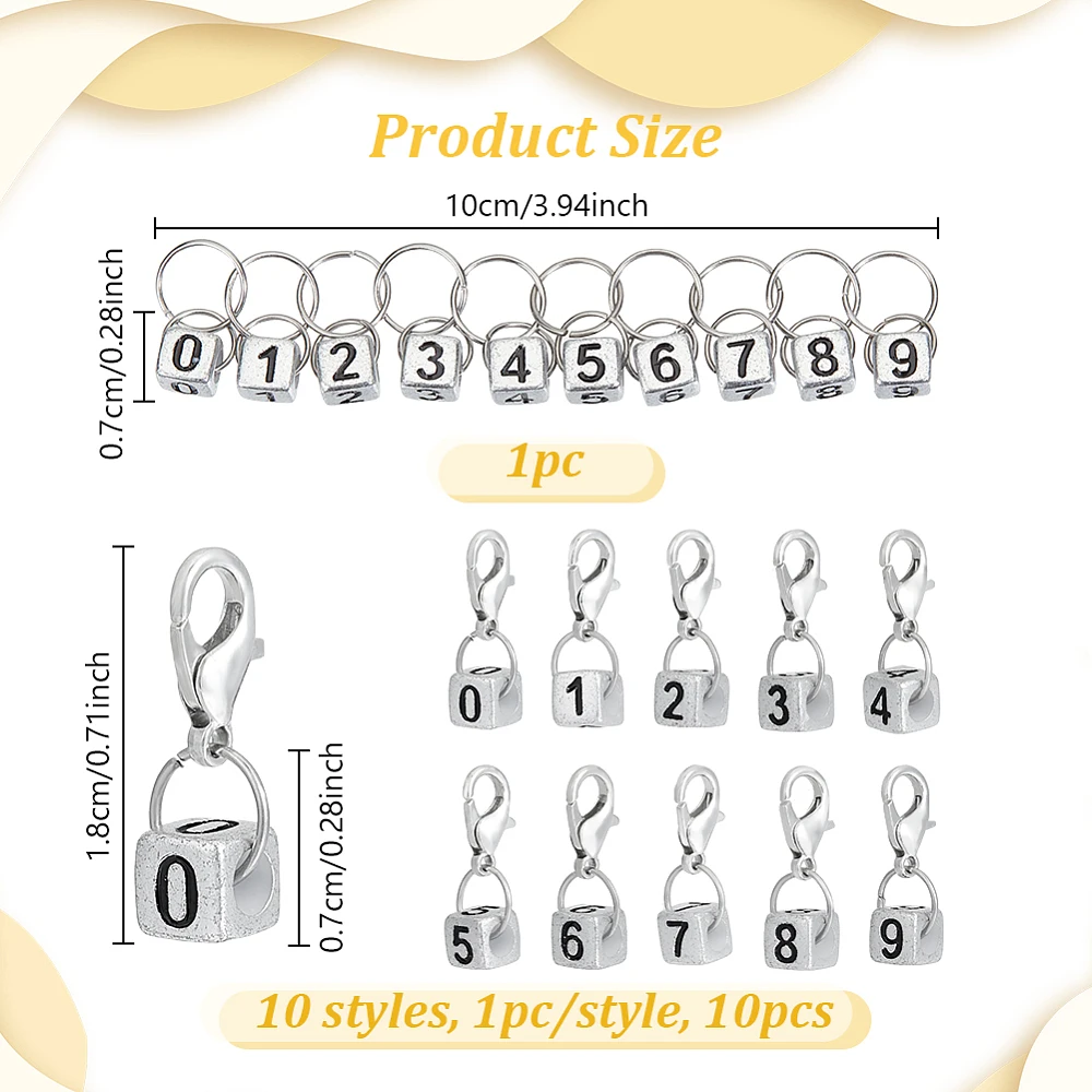 DIY Cube with Number 0~9 Knitting Tool Sets including Acrylic Locking Stitch Markers and Knitting Row Counter Chains Silver