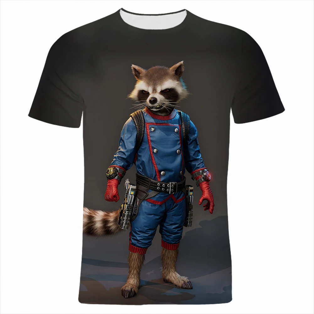 T-shirt imprimé 3D Rocket Raccoon Groot Cartoon Anime pour hommes et femmes, Streetwear, Écouteurs contractants, Mode