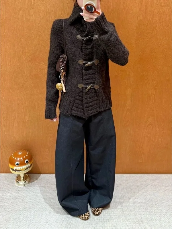 

Ретро-кардиган в американском стиле с коричневыми пуговицами, вязаный, женский, приталенный, теплый, осенне-зимний, дизайнерский, на пуговицах