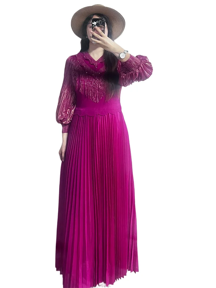 

Miyake Style Pleated Dress for Women 2025 New Gold Stamping Tassel Spliced V-neck Lantern Sleeve Fake Two-piece Large-size Dress