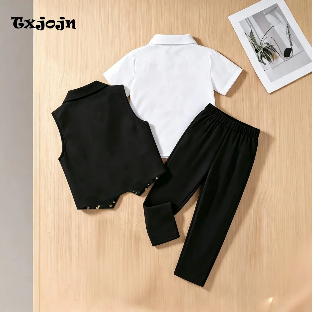 Boy's Formal Suit Set for Events Children's 3 Piece Set Leopard Printed Clothes Short-sleeve top Pants Vest Kids Party Outfit