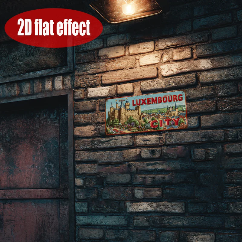 2D Flat, 2D Flat Printing, 1pc, Retro Metal Sign, Outdoor Wall Art, LUXEMBOURG CITY Sign, Vintage Style, Cityscape, Garden, Kitc